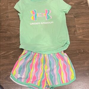 Under Armour Mint Green Tee and Multicolor Striped Shorts